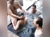 Guys hire a prostitute and switch places to fuck her in the jacuzzi