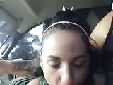 Housewife risky oral sex in the car while hubby is driving